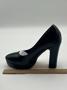 miss left Black Almond Toe Pumps Platform Chunky High Heel Slip on Party Shoes